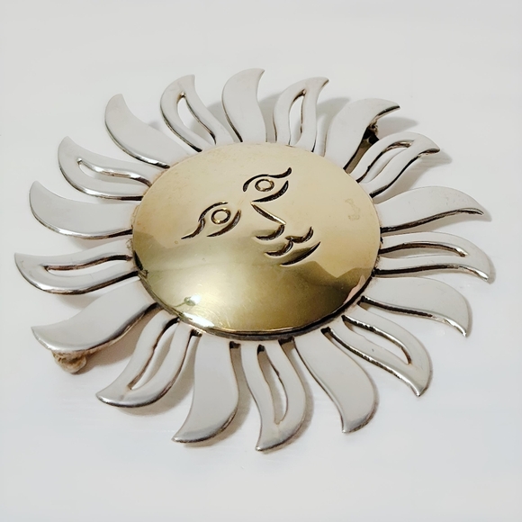Taxco Jewelry - Vintage TAXCO Sterling Silver Brass Open work Happy Face Sun Brooch Pin